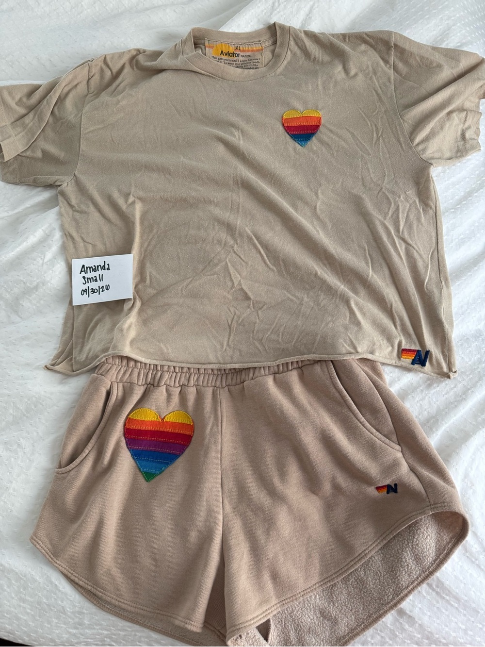 Aviator Nation Tan Rainbow Heart Athletic Lounge Shorts